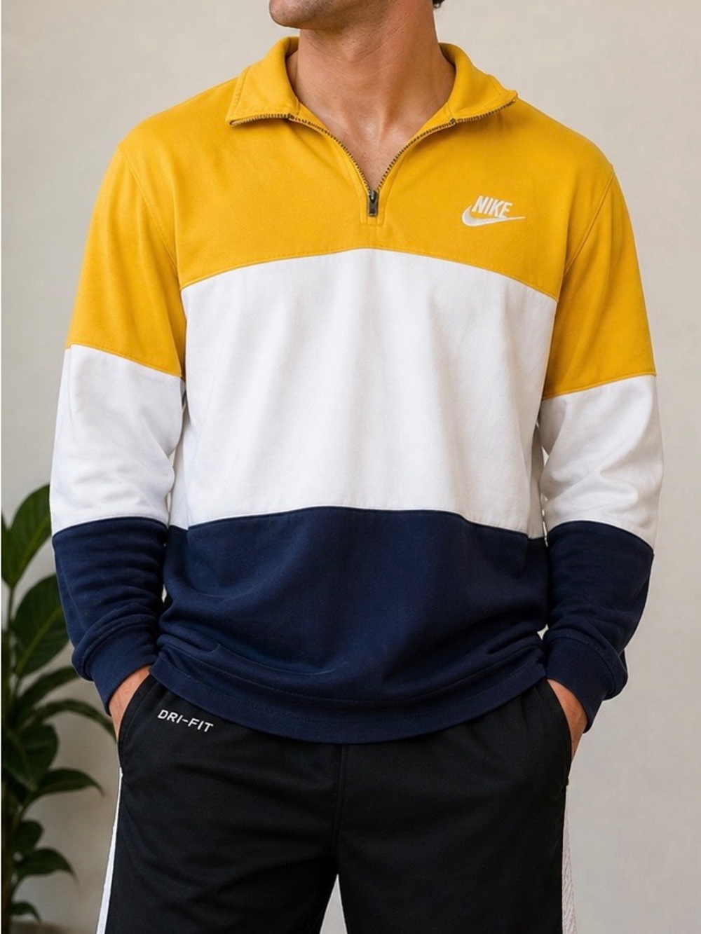 Nike Colorblock Quarter-Zip Pullover - Yellow White Navy
